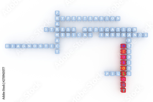 Neurology, medical keyword crossword. For web page, graphic design, texture or background. 3D rendering.