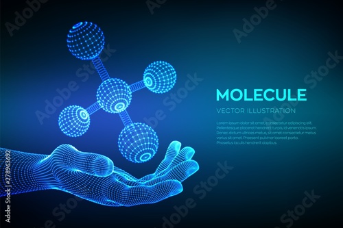 Molecule in hand. Dna, atom, neurons. Molecules and chemical formulas. 3D Scientific molecule background for medicine, science, technology, chemistry, biology. Vector illustration.