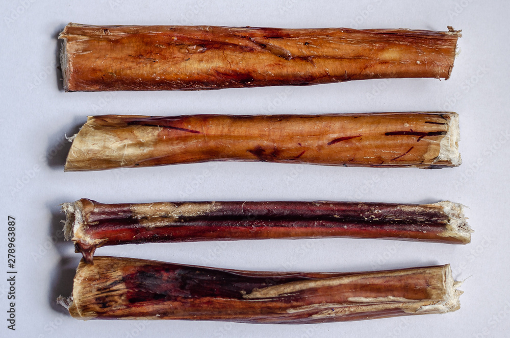 Four chew bully sticks. Dried beef pizzle for pets. Horizontal layout option. White background. Shooting from above. Macro. foto de Stock Adobe Stock