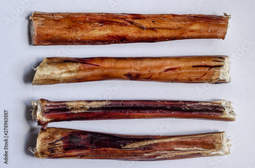 Four chew bully sticks. Dried beef pizzle for pets. Horizontal layout option. White background. Shooting from above. Macro. photo