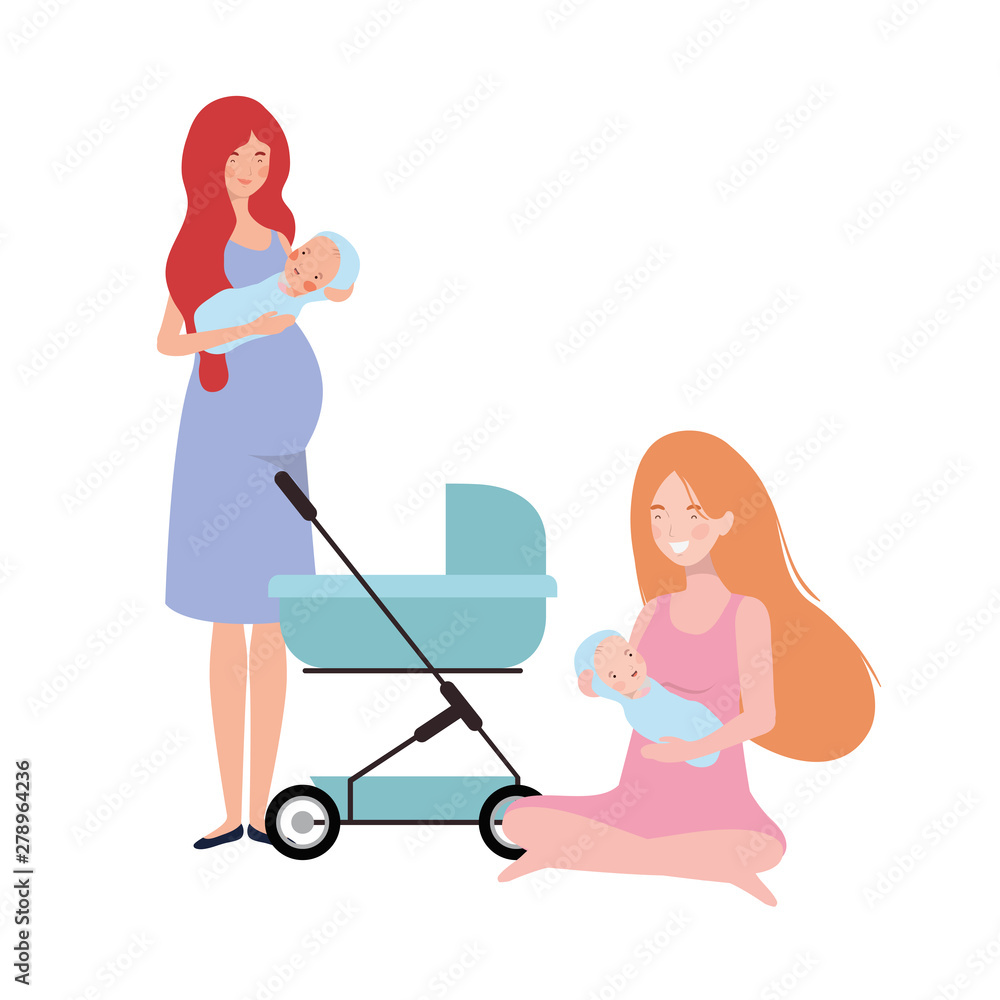 women standing with a newborn baby in pram