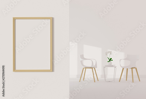Fototapeta Naklejka Na Ścianę i Meble -  One empty photo frame for mockup in empty white room, 3D render, 3D illustration