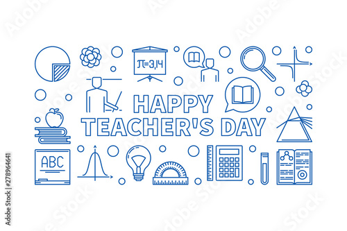 Happy Teacher's Day concept outline blue horizontal banner. Vector illustration on white background