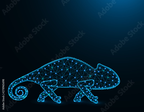 Lizard chameleon low poly model, African animal abstract graphics, reptile polygonal wireframe vector illustration on dark blue background