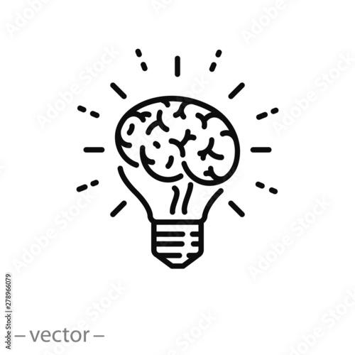 lightbulb idea icon, knowledge innovation, brain inside bulb, logo, light solution thinking, thin line symbols for web and mobile phone on white background - editable stroke vector illustration eps10