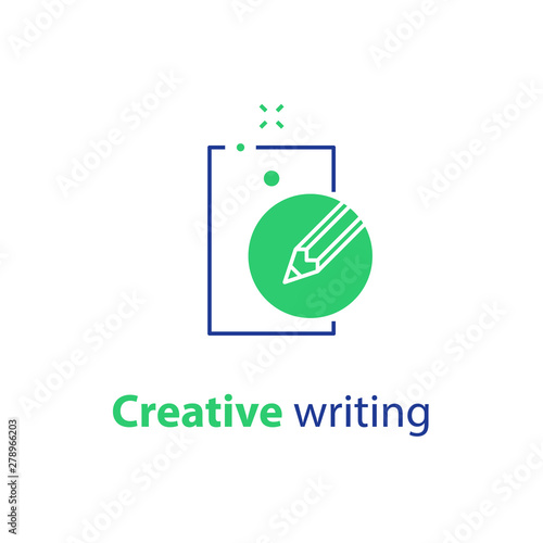Storytelling concept, creative writing, pencil and sheet of paper, copy writing, linear icon
