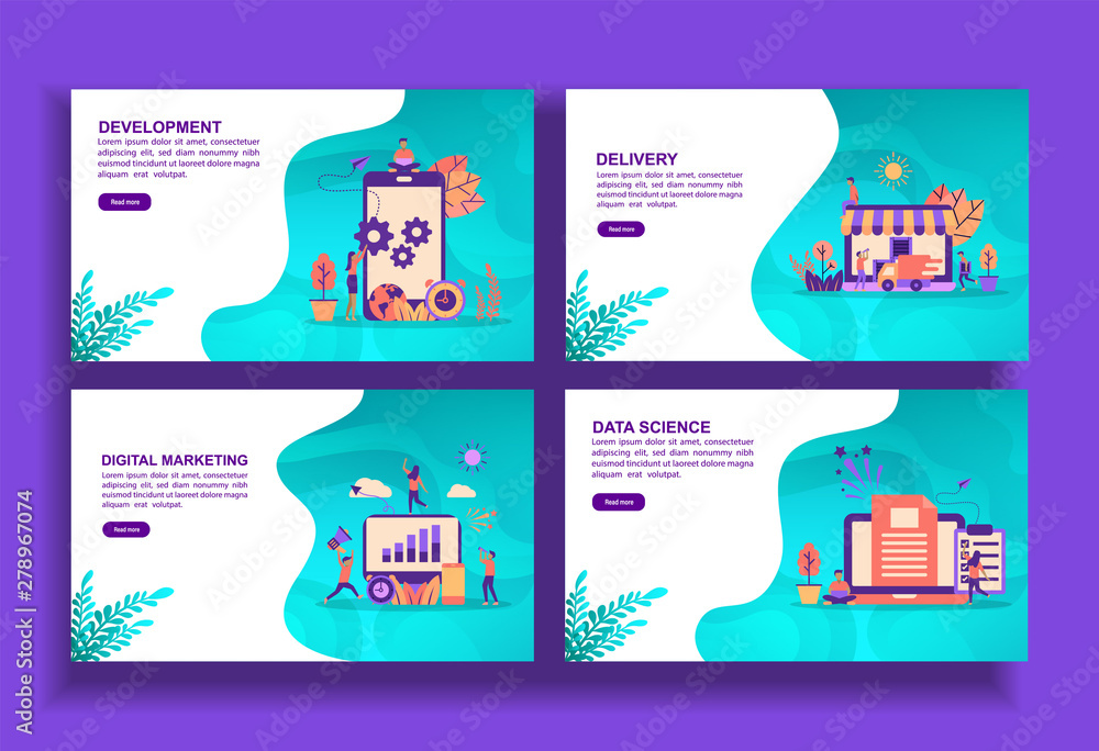 Set of modern flat design templates for Business, development, delivery, digital marketing, data science. Easy to edit and customize. Modern Vector illustration concepts for business