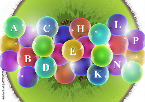 Vitamin complex. Colorful tablets in capsules, kiwi slice. Icon of various vitamins in bright colors of the rainbow. Medical image, creative design.