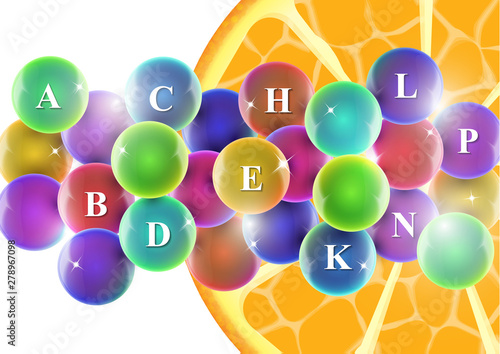 Vitamin complex. Colorful tablets in capsules, orange slice. Icon of various vitamins in bright colors of the rainbow. Medical image, creative design.