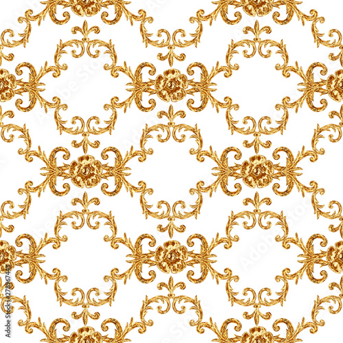 Baroque golden elements ornamental seamless pattern. Watercolor hand drawn gold element texture on white background.