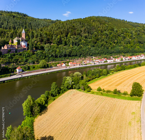 Aerial view, Zwingenberg Castle, river Neckar, Odenwald, Baden-Wurttemberg, Germany