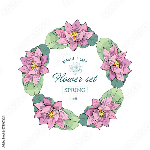Wreath of pink Lotus. Delicate, romantic style for wedding invitation, greeting cards. Botanical vector retro illustration. Hand drawing. Nelumbo