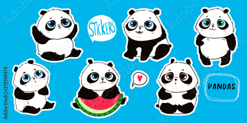 Fototapeta Naklejka Na Ścianę i Meble -  Cute little panda bears with big eyes in various poses. Hand drawn vector set. Pre-made stickers. Flat design. Trendy illustration. All elements are isolated