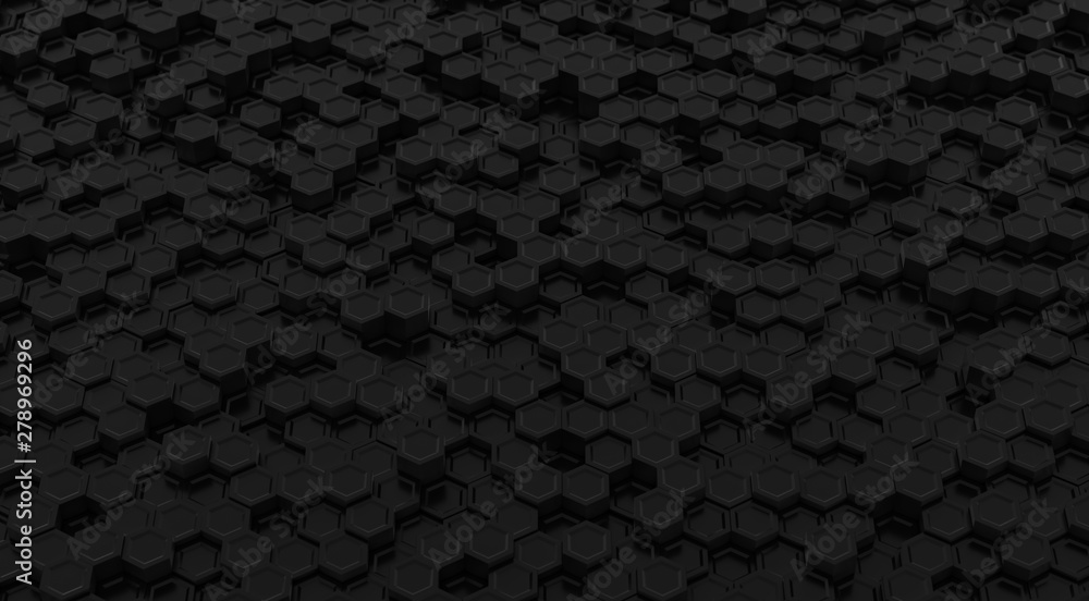 Black geometric hexagon concept. Abstract technology hexagonal background. Modern element for design. 3d rendering. Black geometric hexagon concept. Abstract technology hexagonal background. Modern element for design. 3d rendering.