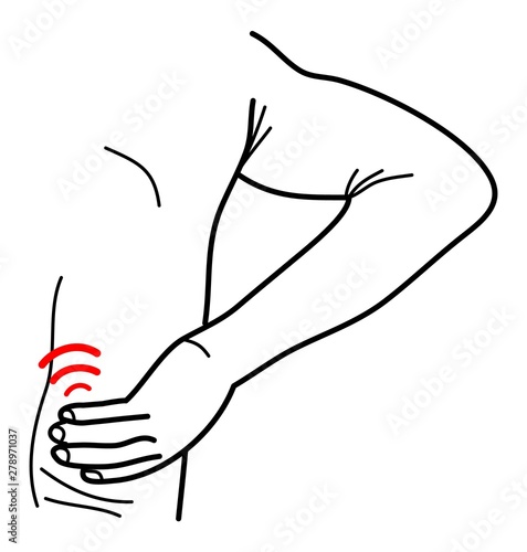 Vector contour illustration - Back pain. The man holds his back with his hand. Concept