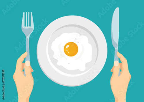 Fried egg in a white plate. Hands holding a knife and fork. Vector food illustration in cartoon simple flat style.