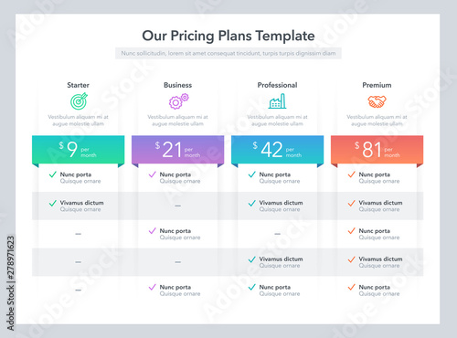 Modern pricing comparison table with various subscription plans. Flat infographic design template for website or presentation.