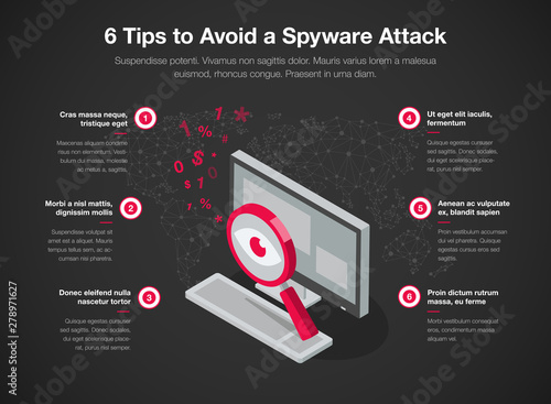 Simple infographic template for 6 tips to avoid a spyware attack, isolated on dark background. Easy to use for your website or presentation.