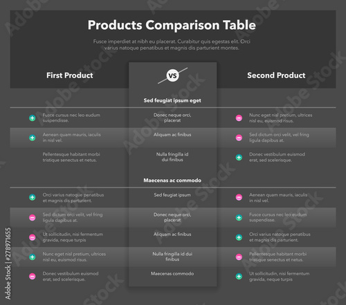 Simple infographic for products comparison table. Easy to use for your website or presentation isolated on dark background.