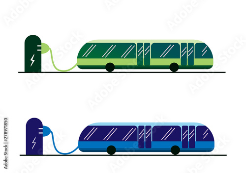 Electric buses of blue and green color with charging station. Ecological public transport.