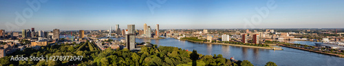 Rotterdam Netherlands cityscape and Erasmus bridge. Panoramic view from Euromast tower, sunny day