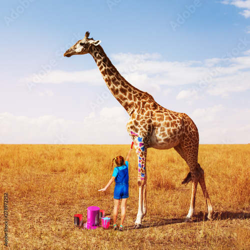 Photography Little girl painting giraffe into many colors