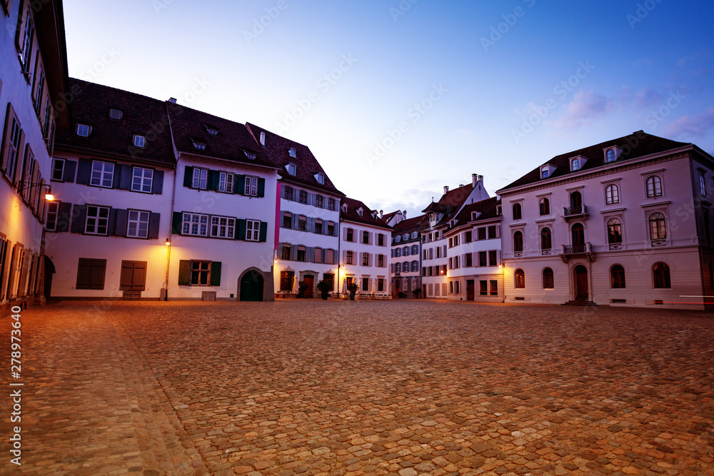 Basel city streets with at sunset, Switzerland