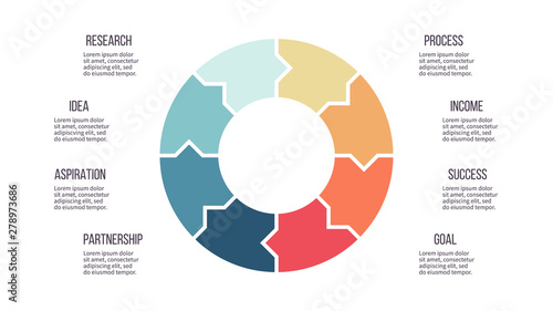 Business infographics. Circle with 8 parts, arrows. Vector template.