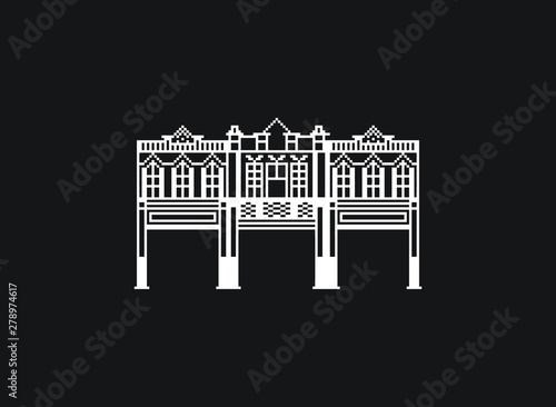 Old architectural styled buildings located in Tainan Taiwan with 8 bit style pixel artwork design