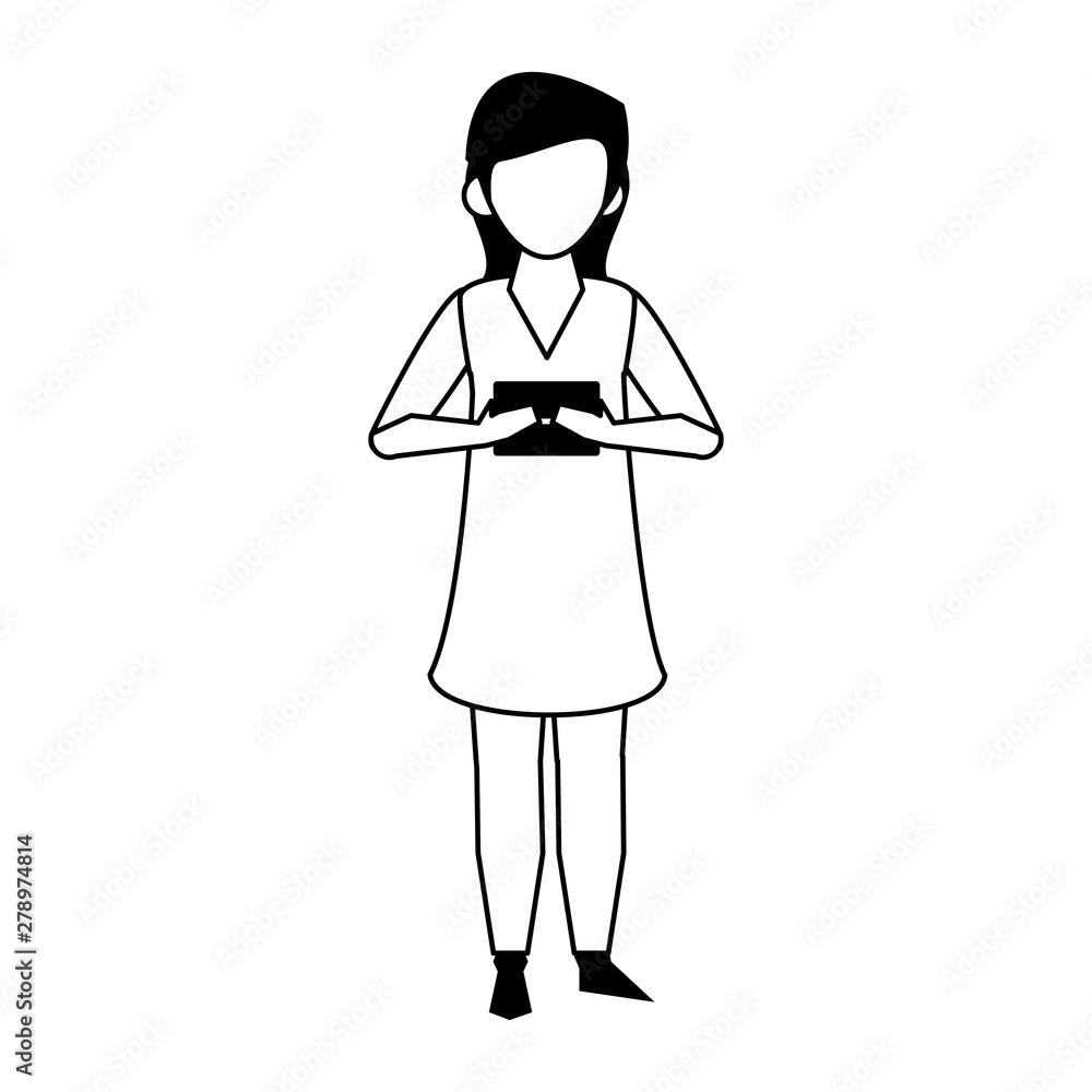 woman using smartphone technology cartoon in black and white woman using smartphone technology cartoon in black and white