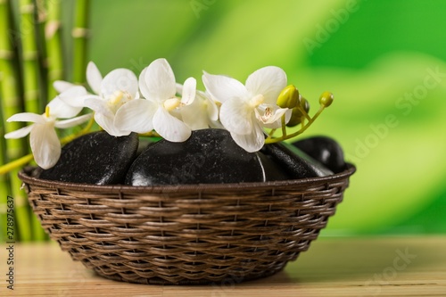 Canvas Print Pebbles with Flowers and Bamboo