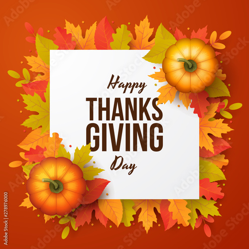 Happy thanksgiving day background with autumn leaves and pumpkins. Vector illustration