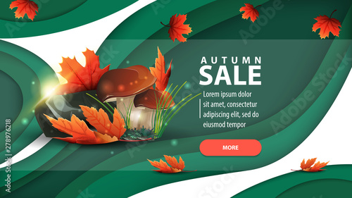 Autumn sale, modern web banner in paper cut style for your website with mushrooms and autumn leaves