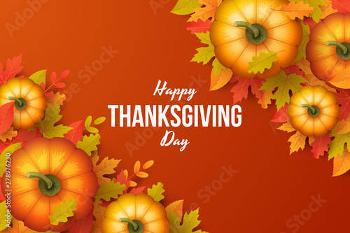 Happy thanksgiving day background with autumn leaves and pumpkins. Vector illustration