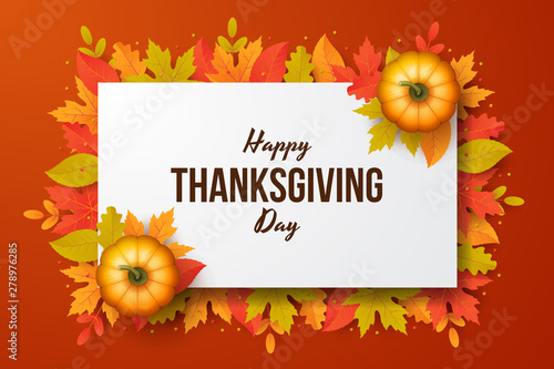 Happy thanksgiving day background with autumn leaves and pumpkins. Vector illustration