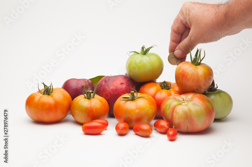 Mano con dinero y el fondo de fruta y tomates. El precio de las cosas. La compra del mercado, la venta de los productos agrícolas. Calderilla. Billetes de Euro y al fondo fruta y verdura.