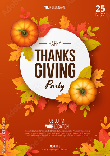 Happy thanksgiving day party poster template with autumn leaves and pumpkins. Vector illustration photo
