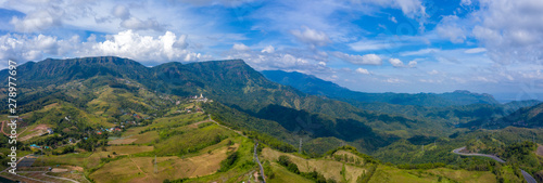 panorama landscape aerial view mountain peak and blue sky with pagoda in Thailand