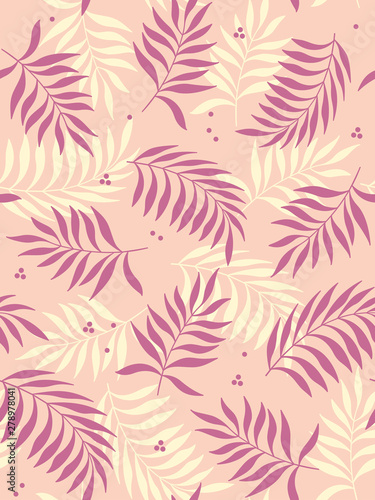 Tropical leaves seamless pattern on pink background. Vector illustration.