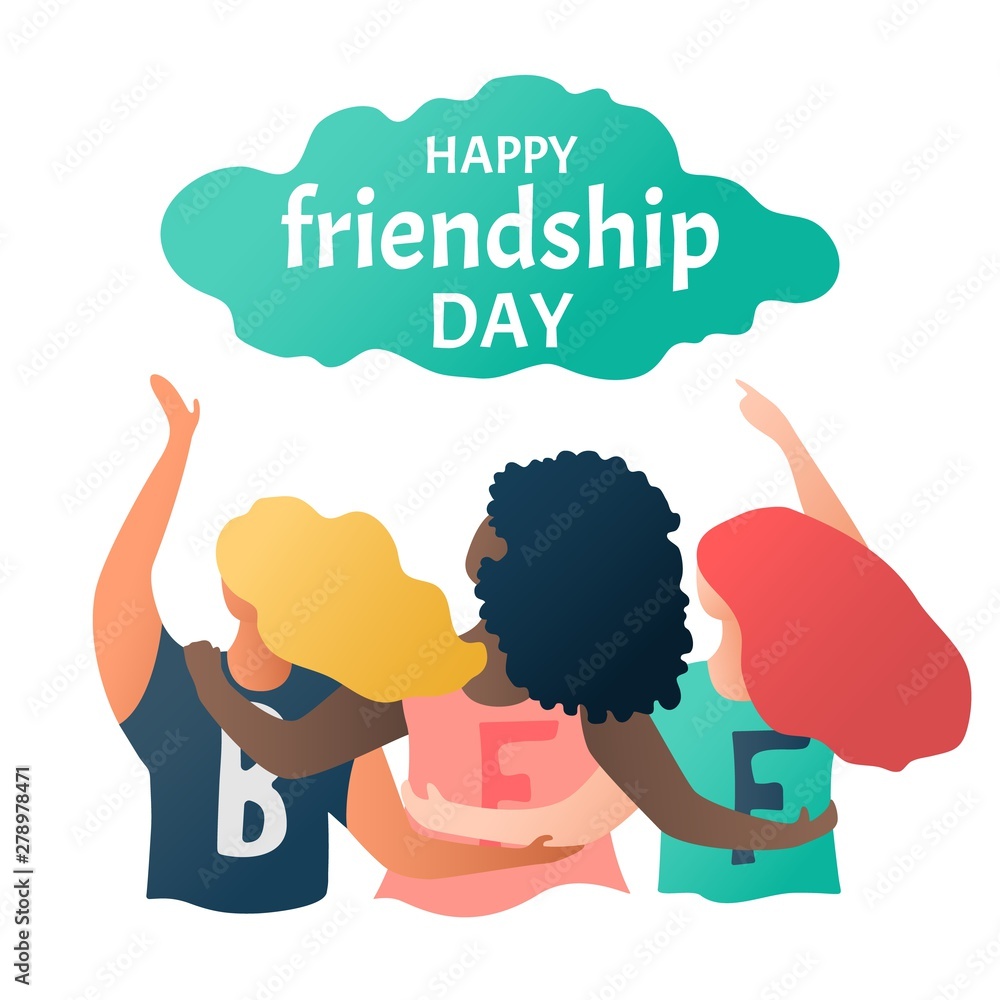 Happy friendship day greeting card with multinational friend group ...