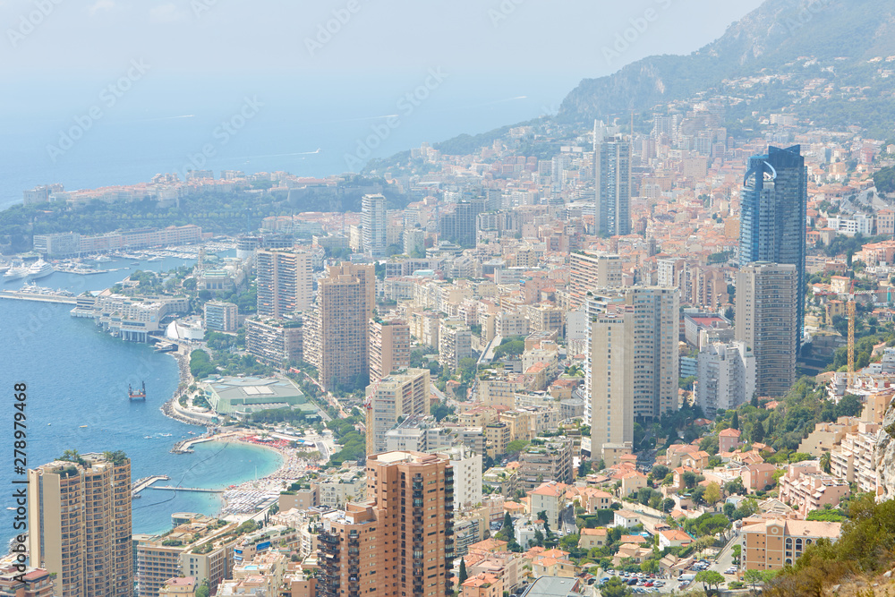 Monte Carlo, aerial city view with mist in a sunny summer morning in Monaco