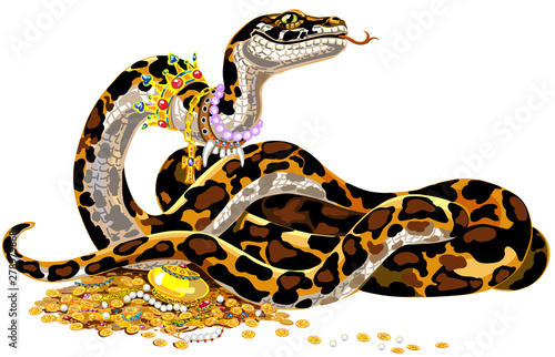 cartoon big snake guarding the treasure. Python Boa Constrictor wearing golden crown and pearl necklace laying on pile of gold coins and jewelry. Isolated vector illustration