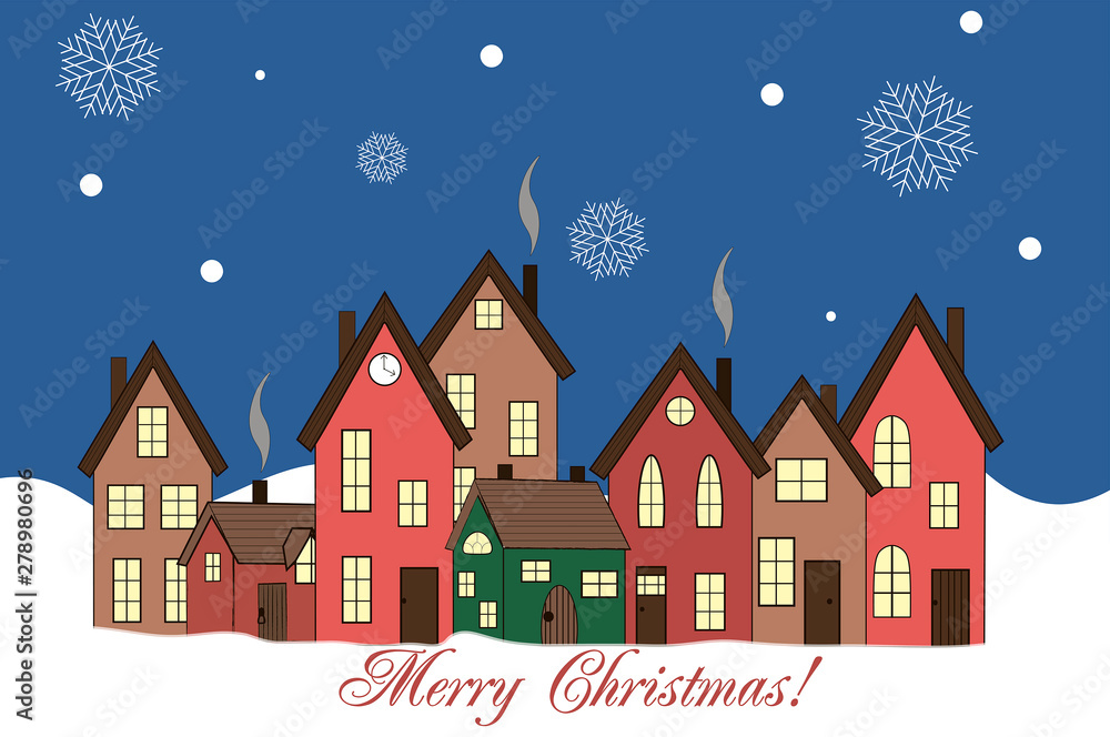  Christmas card with houses, snowy street, falling snowflakes and greeting inscription on the background of the night sky. Background. Vector.
