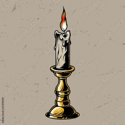 Vintage colorful burning candle in candlestick