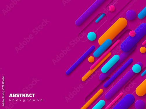 Dynamic abstract background with 3d geometric shapes. Minimal cover design in paper cut style, purple and orange colors. Vector illustration.