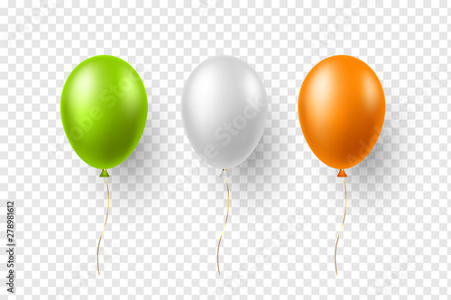 Realistic air balloons in traditional indian tricolor. Decorative elements for national holidays of India. Vector illustration.