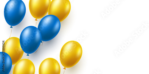 Realistic balloons in traditional ukrainian colors. Decorative elements for national holidays of Ukraine. Isolated on white with copy space. Vector illustration.