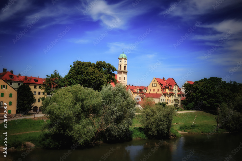Bavarian City of Regensburg near Munich in Germany, Europe on a warm summer day