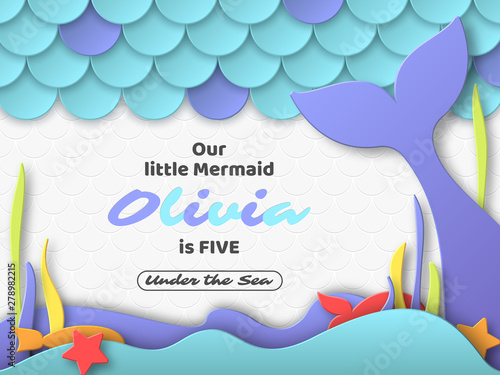 Birthday party design for little girls. Mermaid underwater composition in 3d paper cut style. Fish scales and mermaid tail elements. Place for text. Vector illustration.