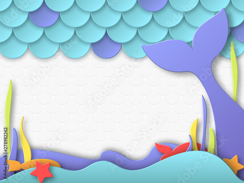 Birthday party design for little girls. Mermaid underwater composition in 3d paper cut style. Fish scales and mermaid tail elements. Place for text. Vector illustration.